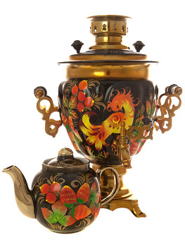 Электрический самовар 3 литра с художественной росписью "Золотая птица на черном фоне" в наборе с чайником, арт. 171502