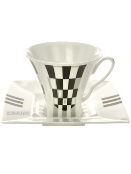 Чашка с блюдцем чайная форма "Петрополь" рисунок "Черное и белое", Императорский фарфоровый завод