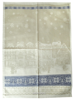 Полотенце "Новый год" бежевое с синим кантом без кружева, 50*70 см