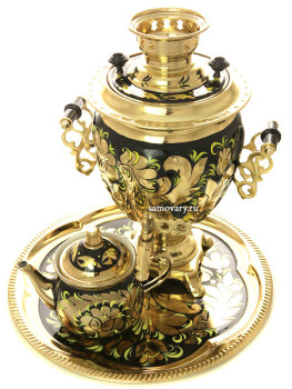 Набор самовар электрический 3 литра с художественной росписью "Золотые цветы на черном фоне", арт. 130487