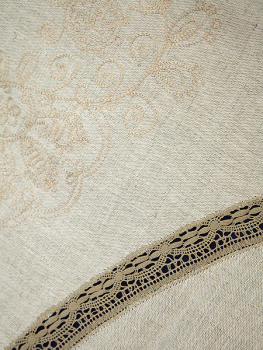 Льняная круглая скатерть серая с серым кружевом и кружевной вышивкой (Вологодское кружево), арт. 1нхп-648, d-150