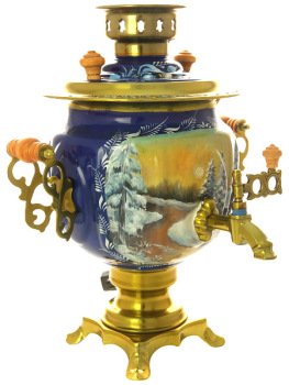 Электрический самовар 3 литра с росписью "Сюжет на зимнем фоне, дом" с подносом и чайником, арт. 130252
