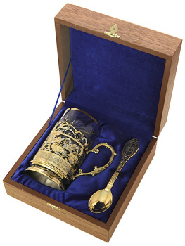 Позолоченный подстаканник чайный "Хоровод" с ложкой, хрустальным стаканом в подарочном футляре Златоуст