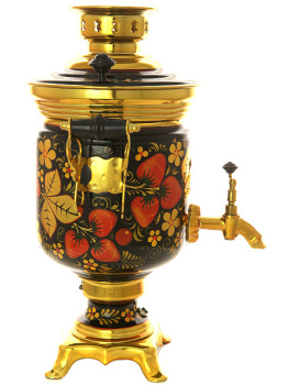 Набор самовар с автоотключением электрический 3 литра с художественной росписью "Хохлома рыжая" с чайным сервизом, арт. 140256с