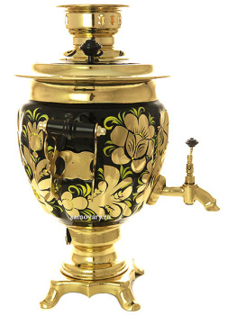 Набор самовар электрический 3 литра с художественной росписью "Золотые цветы на черном фоне", арт. 130487