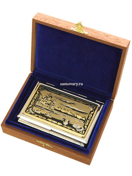 Позолоченная визитница в комплекте с ручкой с гравюрой "Лебеди" Златоуст