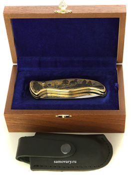 Складной сувенирный нож Златоуст с кнопкой позолоченный, арт.3