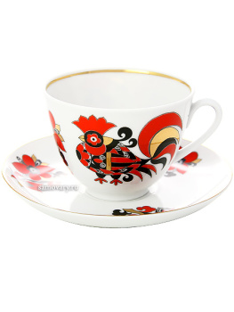 Чашка с блюдцем чайная форма "Весенняя", рисунок "Красные петушки", Императорский фарфоровый завод