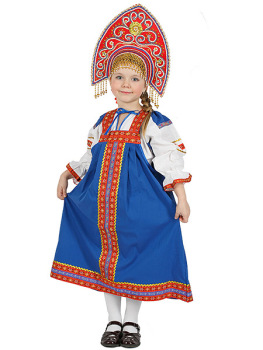 Русский народный костюм детский хлопковый комплект синий "Дуняша": сарафан и блузка, 7-12 лет