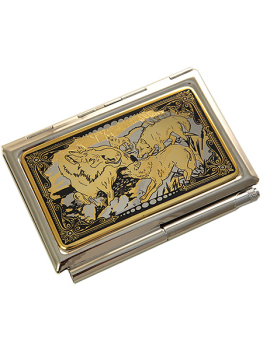 Визитница позолоченная с гравюрой "Охота" с ручкой в подарочном футляре, Златоуст