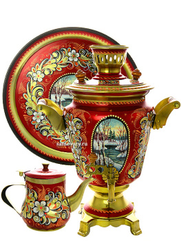 Набор самовар электрический 4 литра с художественной росписью "Пейзаж на красном фоне", арт. 130701