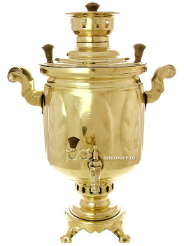 Угольный самовар 5 литров желтый "цилиндр" "Листья", арт. 220538 с трубой 
