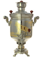 Угольный самовар 5 литров "цилиндр" никелированный с гравировкой "Волки", арт. 210530