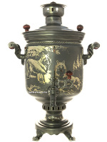 Угольный самовар на дровах 7 литров "цилиндр" черный никель с гравюрой "Волки", арт. 210533