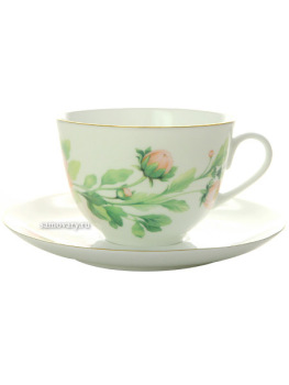 Чашка с блюдцем чайная форма "Весенняя-2", рисунок "Нежный пион" зеленый, Императорский фарфоровый завод