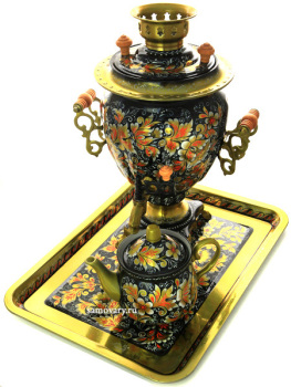 Набор самовар электрический 3 литра с художественной росписью "Кудрина на черном", арт. 110598