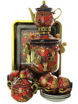 Самовар электрический 3 литра с художественной росписью "Хохлома мелкая" с чайным сервизом, арт. 110590с