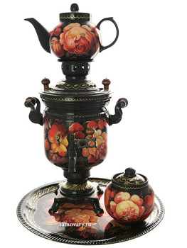 Набор самовар электрический 3 литра с росписью "Жостовские цветы на черном фоне", арт. 110590