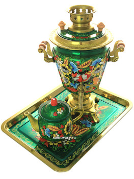 Набор самовар электрический 3 литра с росписью "Васильки, подсолнухи на зеленом" арт. 103569