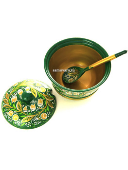 Сахарница деревянная "Кудрина на зеленом" с чайной ложкой, 110х120