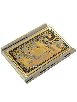 Позолоченная визитница в комплекте с ручкой с гравюрой "Две лисы" Златоуст
