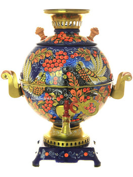 Набор самовар-шар электрический 5 литров с художественной росписью "Хохлома на синем фоне мелкая" арт. 103574