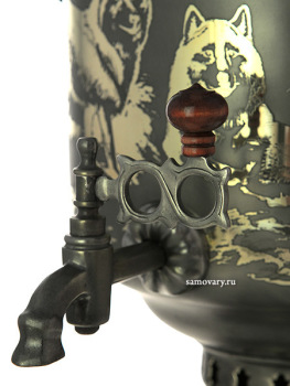 Угольный самовар на дровах 7 литров "цилиндр" черный никель с гравюрой "Волки", арт. 210533