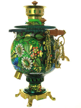 Комбинированный самовар 4,5 литра "шар" с художественной росписью "Солнышко на зеленом" в наборе с подносом и чайником, арт. 331062