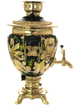 Самовар электрический 3 литра с чайником и подносом, роспись "Золотые цветы на черном фоне" с автоотключением
