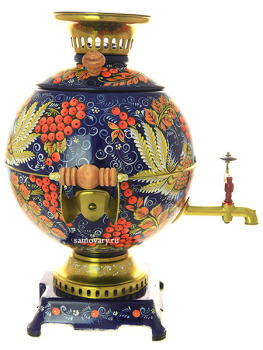 Набор самовар-шар электрический 5 литров с художественной росписью "Хохлома на синем фоне мелкая" арт. 103574