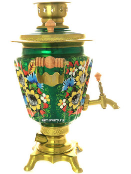 Набор самовар электрический 3 литра с росписью "Васильки, подсолнухи на зеленом" арт. 103569