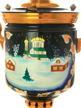 Угольный самовар 7 литров с художественной росписью "Зимняя деревня", арт. 210500