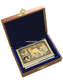 Позолоченная визитница в комплекте с ручкой с гравюрой "Две лисы" Златоуст