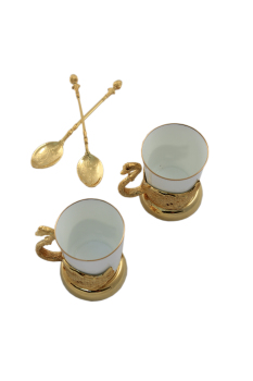Кофейный набор на 2 персоны "Лебеди" (фарфоровые чашки с литыми ложками) в подарочном футляре, Златоуст