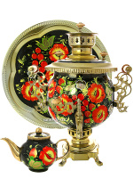 Комбинированный самовар 4,5 литра с художественной росписью "Маки, клубника на черном фоне"в наборе с подносом и чайником, арт. 310505