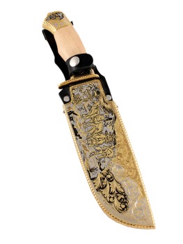 Позолоченный сувенирный нож "Вавилон" волки сталь ЭИ-107 в подарочном футляре, Златоуст