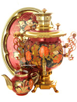 Комбинированный самовар 4,5 литра с художественной росписью "Грозди рябины" в наборе с подносом и чайником, арт. 311007