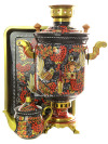 Комбинированный самовар 5 литров с художественной росписью "Хохлома мелкая на черном фоне" в наборе с подносом и чайником, арт. 309909