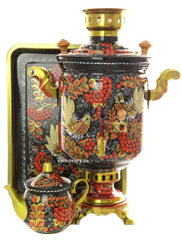Комбинированный самовар 5 литров с художественной росписью "Хохлома мелкая на черном фоне" в наборе с подносом и чайником, арт. 309909