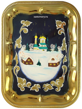 Поднос с художественной росписью "Зимняя деревня" прямоугольный