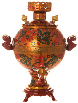Электрический самовар 3 литра с художественной росписью "Петух. Клубника на золотом фоне" старинный, арт. 144207