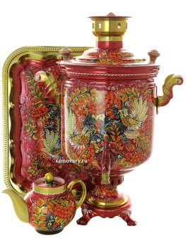 Комбинированный самовар 7 литров с художественной росписью  "Хохлома на красном фоне" в наборе с подносом и чайником, арт. 310536