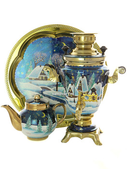 Набор самовар электрический 1,5 литра с художественной росписью "Зимняя деревня", арт. 130270