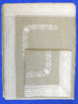 Комплект столового белья серый - лен с вышивкой Вологодским кружевом белого цвета, арт. 6нхп-836