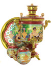 Комбинированный самовар 5 литров с художественной росписью  "Купчиха" в наборе с подносом и чайником, арт. 310541
