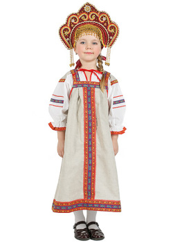 Русский народный костюм для девочки льняной комплект бежевый "Забава": сарафан и блузка, 1-6 лет