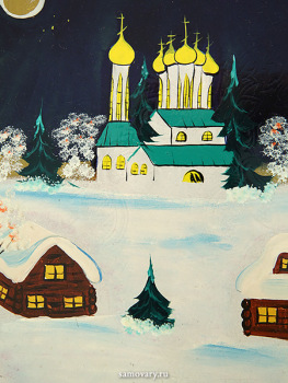 Поднос с художественной росписью "Зимняя деревня" прямоугольный