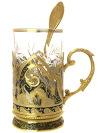 Позолоченный подстаканник чайный "Хозяйка медной горы" с ложкой, хрустальным стаканом в подарочном футляре Златоуст