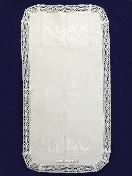 Льняная салфетка овальная белая с белым кружевом и кружевной отделкой (Вологодское кружево), арт. 0с-824, 95х50
