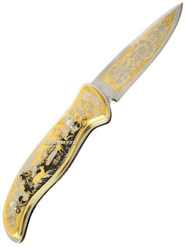 Складной сувенирный нож с кнопкой позолоченный Златоуст